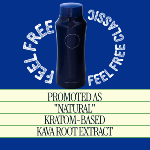Dark blue bottle centered on a blue background, with circular'FEEL FREE' text around it and a beige banner below listing: Promoted as "Natural" Kratom-Based Kava Root Extract.